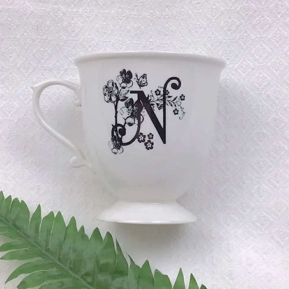 Anthropologie Monogram Initial “N” Script White Pedestal Tea Cup